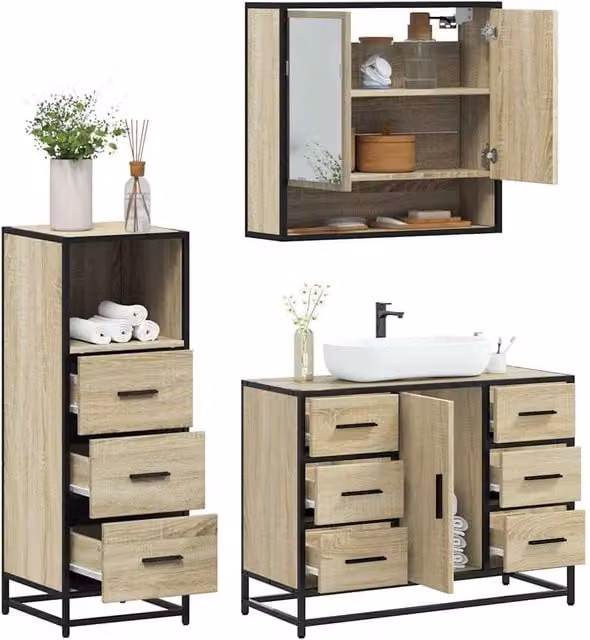 Berkfield Home 3 Piece Industrial Bathroom Furniture Set in Sonoma Oak Brown, including Vanity Unit, Mirror Cabinet and Wall Cabinet – 1