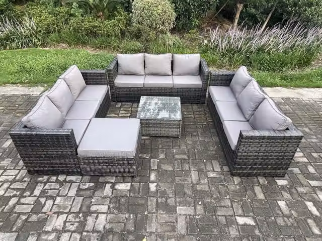 Fimous 10 Seater Rattan Garden Furniture Set in Dark Grey with U-Shape Sofa, Coffee Table and Ottoman