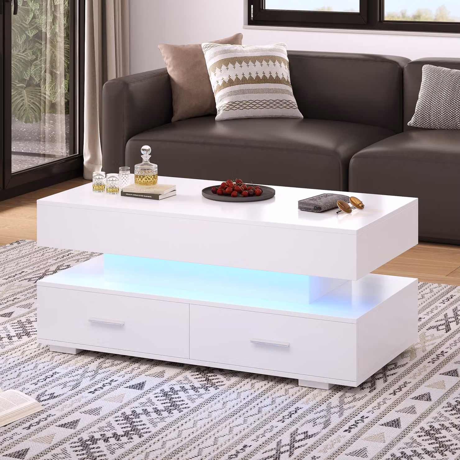 Aosom.UK White Hydraulic Lift Top Coffee Table with LED Lighting and 2 Drawers, W: 100 cm, D: 50 cm, H: 44 cm – 7