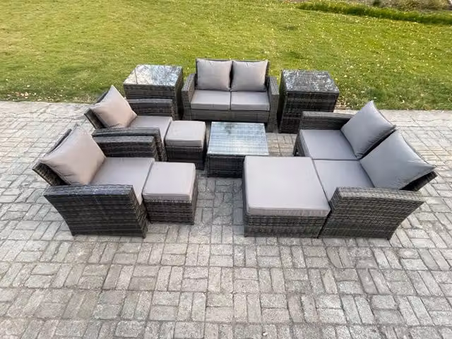 Fimous 10 Piece Dark Grey Wicker Rattan Garden Furniture Set with U-Shape Sofa, Armchairs, Coffee Table and Ottomans