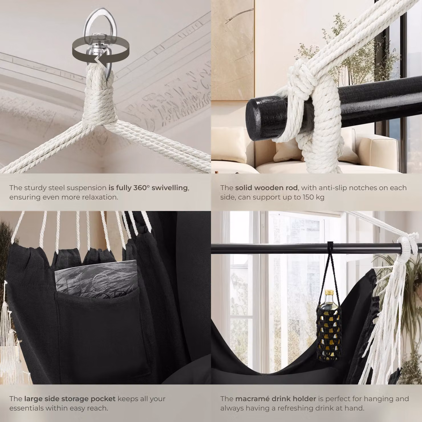 tectake Malika Boho Style Hanging Chair with Stand in Black – 5