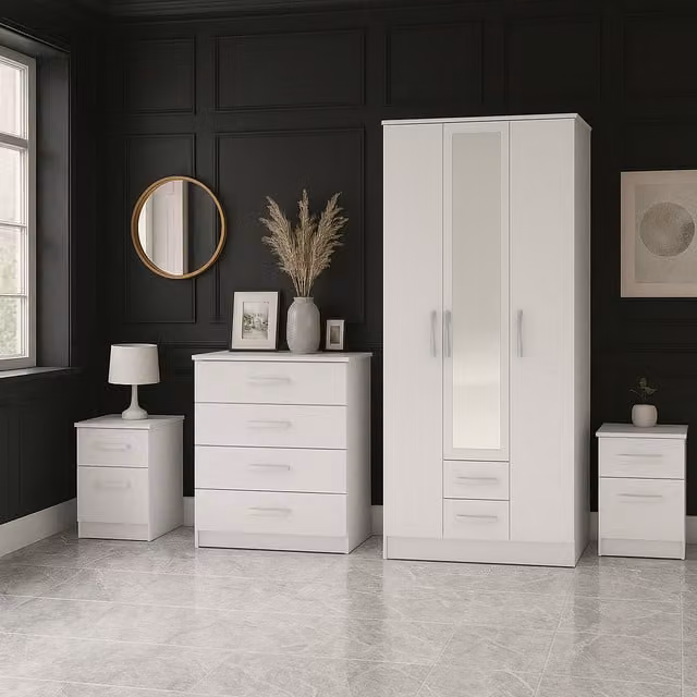 Birlea Lynx 4 Piece White Glossy Wooden Furniture Set with Wardrobe, Chest of Drawers and Bedsides
