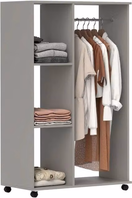FORGEVIO Rolling Open Wardrobe with Hanging Rail and Storage Shelves in Matt Grey, W/D/H: 80 x 40 x 128 cm – 1