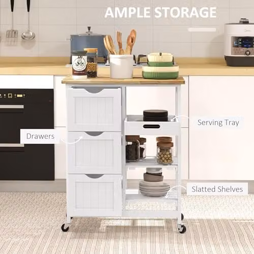HOMCOM Rolling Kitchen Island Cart with Wood Top and Castors, White, W/D/H: 67 x 37 x 85.5 cm – 3