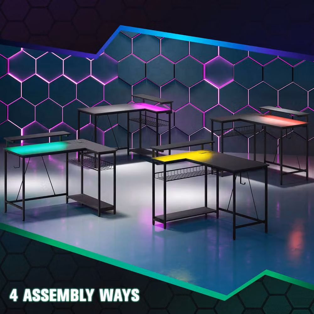 Rolipo Reversible L-Shaped Gaming Desk with LED Lights in Black – 7