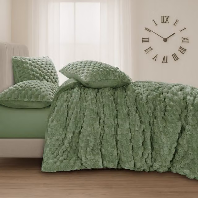 VELOSSO Reversible Green Teddy Fleece Duvet Cover Set, W/D/H: 200 x 200 cm