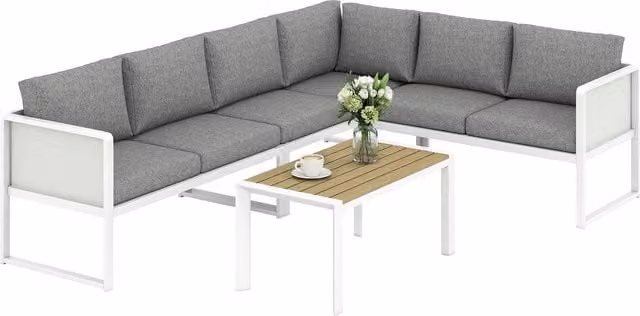 Outsunny 6 Seater L-Shape Metal Garden Furniture Set in White with Textilene Seat Cushions and Faux Wood Coffee Table