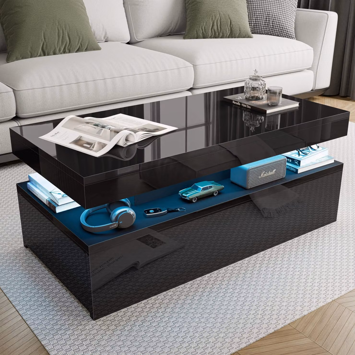 DHS Black High Gloss Storage Coffee Table with Drawers and LED Lights W/D/H: 94 x 47 x 38 cm