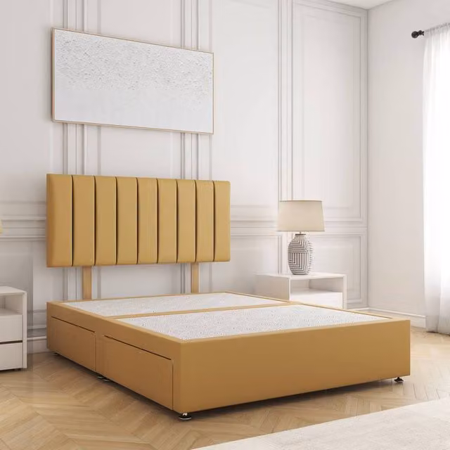 BSSPOKE Aria Super King Divan Bed in Mustard Yellow Plush Velvet with 24 inch Headboard and 2 Drawers (W/D/H: 200 x 200 cm)