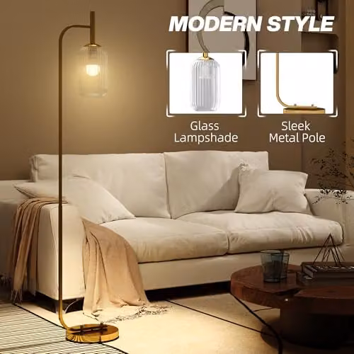 HOMCOM Modern Gold Floor Lamp with Transparent Glass Lampshade and Foot Switch – 3