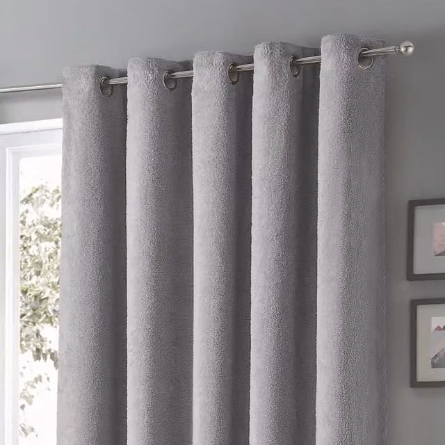 Velosso Grey Teddy Fleece Blackout Eyelet Curtains, W: 168 cm, H: 229 cm