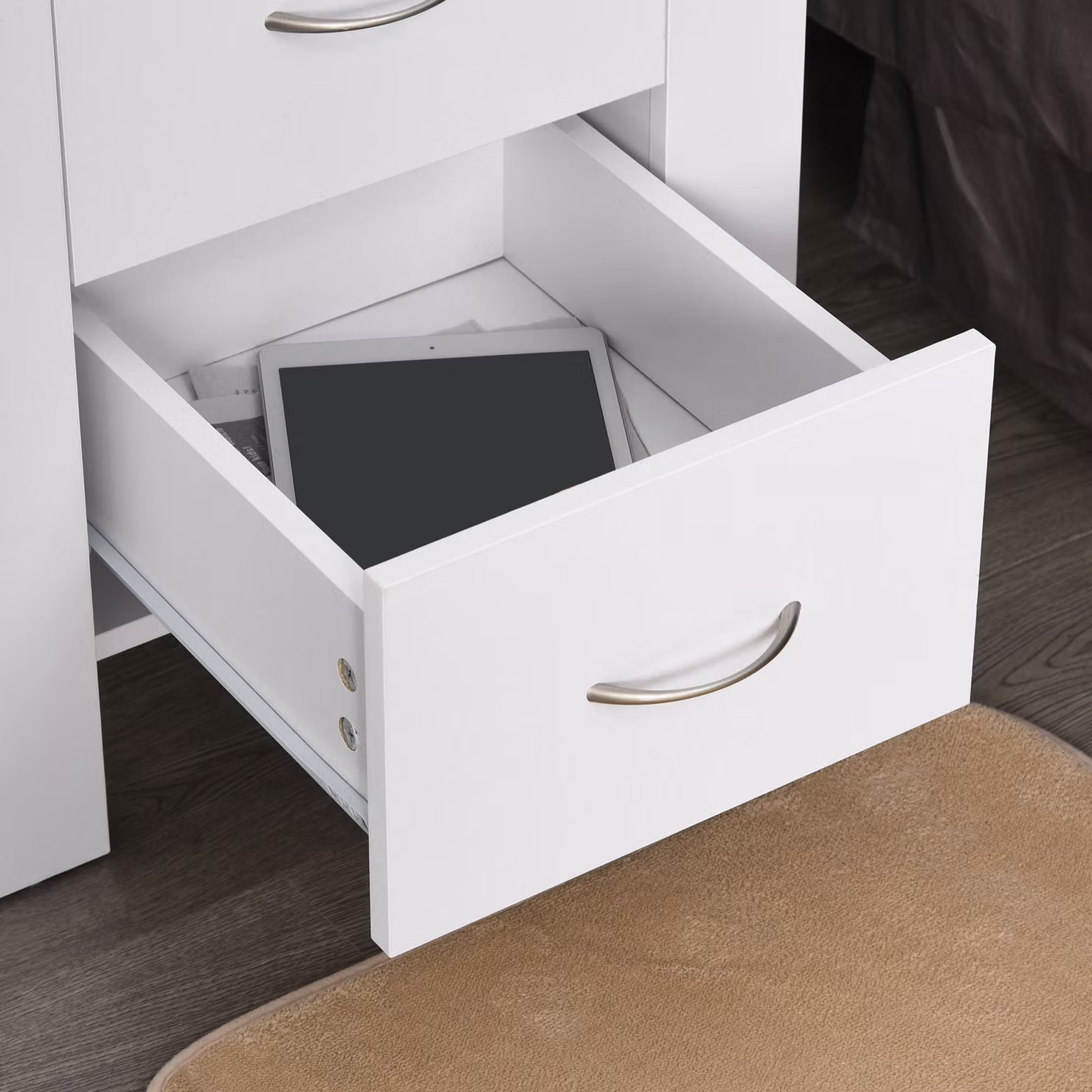 HOMCOM Modern White Bedside Table with 2 Drawers and Silver Accents – 4