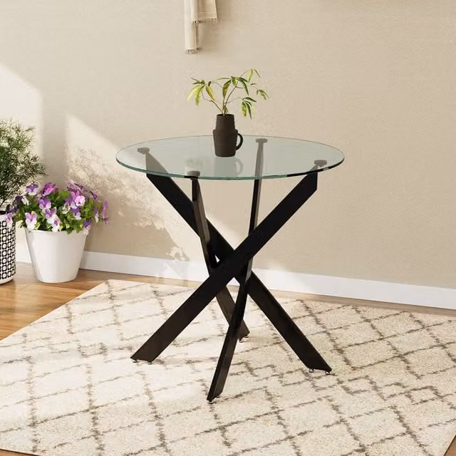 Livingandhome Round Industrial Dining Table with Transparent Glass Top and Black Metal Legs