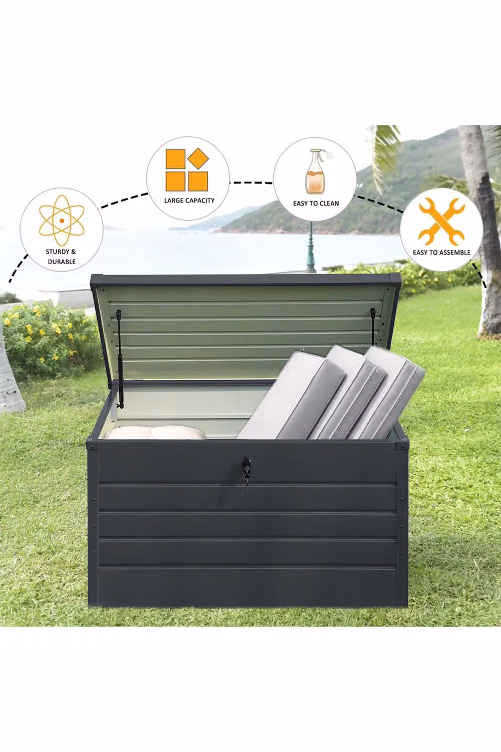Living and Home Lockable Metal Garden Storage Box for Tools in Black – 3