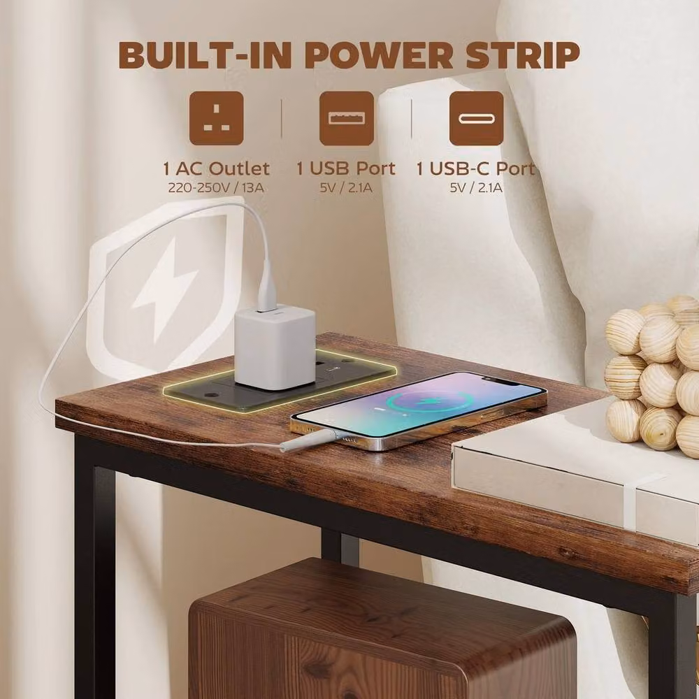 Havendro Industrial Side Table with Charging Station and 2 Drawers in Brown and Black – 4