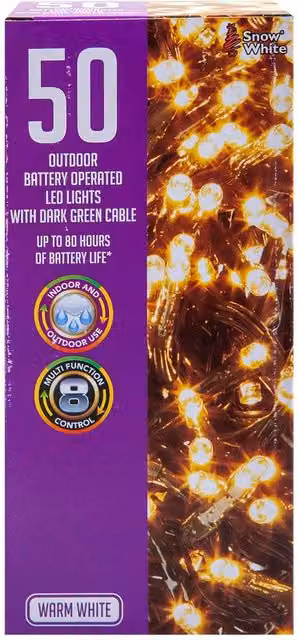 VFM e-Store Warm White Christmas String Lights with 50 Bulbs and White Cable