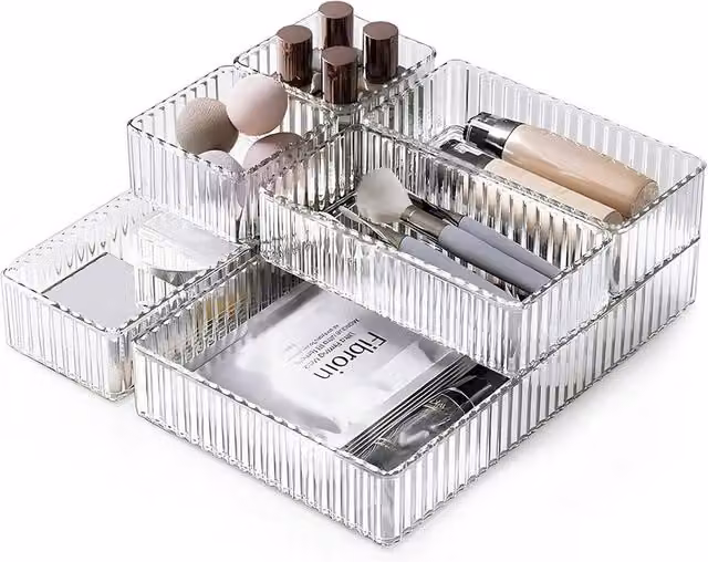 VOGREX Divided Makeup Storage Organizer and Stackable Cosmetic Desk Drawer Box in Transparent Plastic