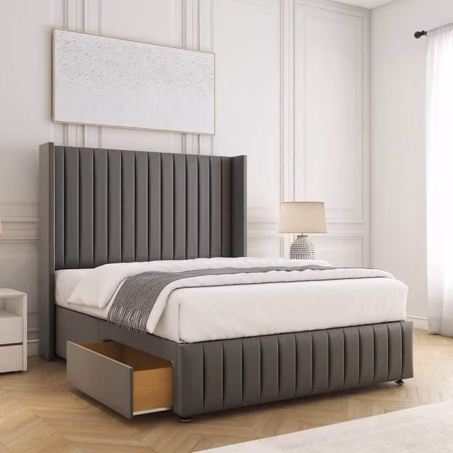 BSSPOKE Luna Plush Velvet Double Divan Bed with 54 inch Headboard, 2 Drawers, Footend and Mattress in Grey, W/D/H: 140 x 200 cm