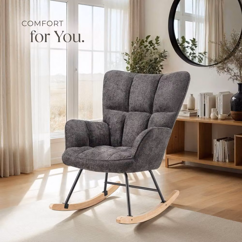 tectake Torve Rocking Chair with Plush Quilted Padding and Wooden Runners in Dark Grey – 8