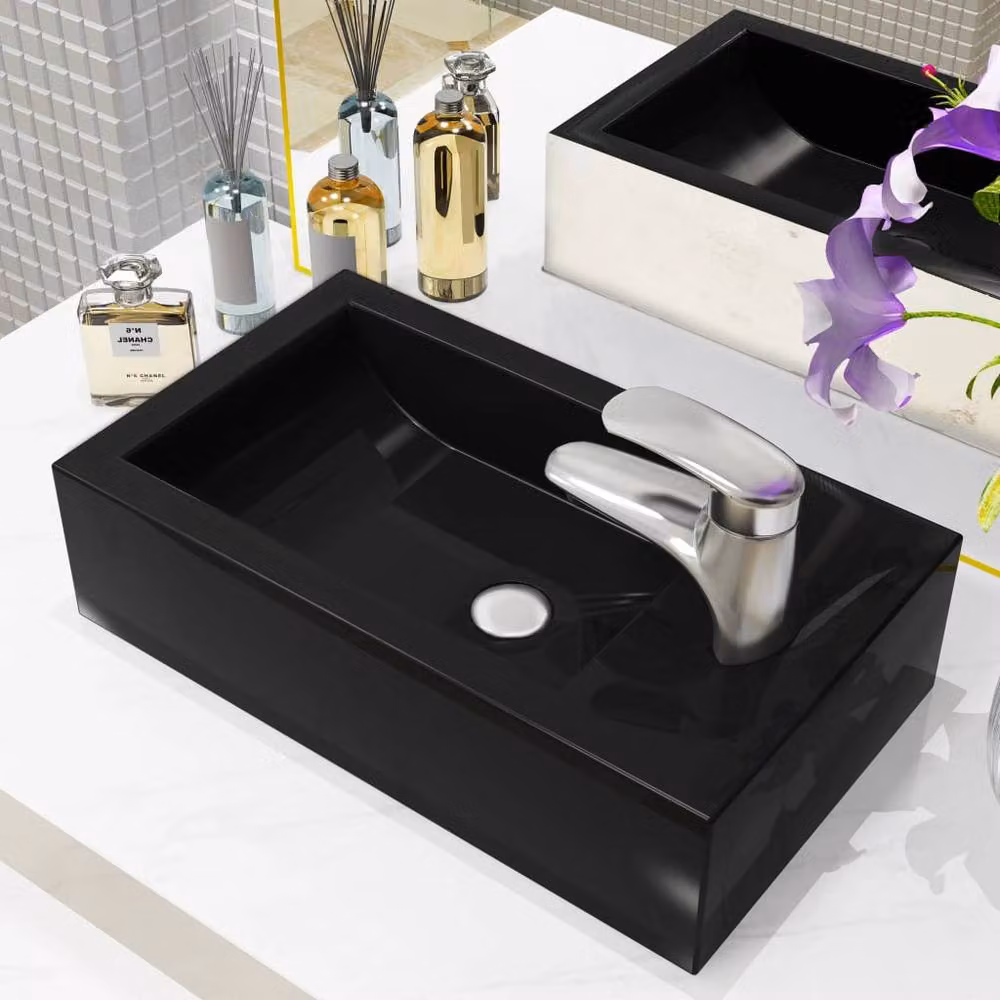 Berkfield Home Rectangular Ceramic Basin with Faucet Hole, Black, W: 46 cm, D: 25.5 cm, H: 12 cm – 2