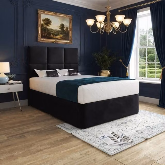 KDMD Itchen Black Velvet Upholstered Designer Bed Frame with Floorstanding Headboard and Drawers, W/D/H: 180 x 200 cm – 1