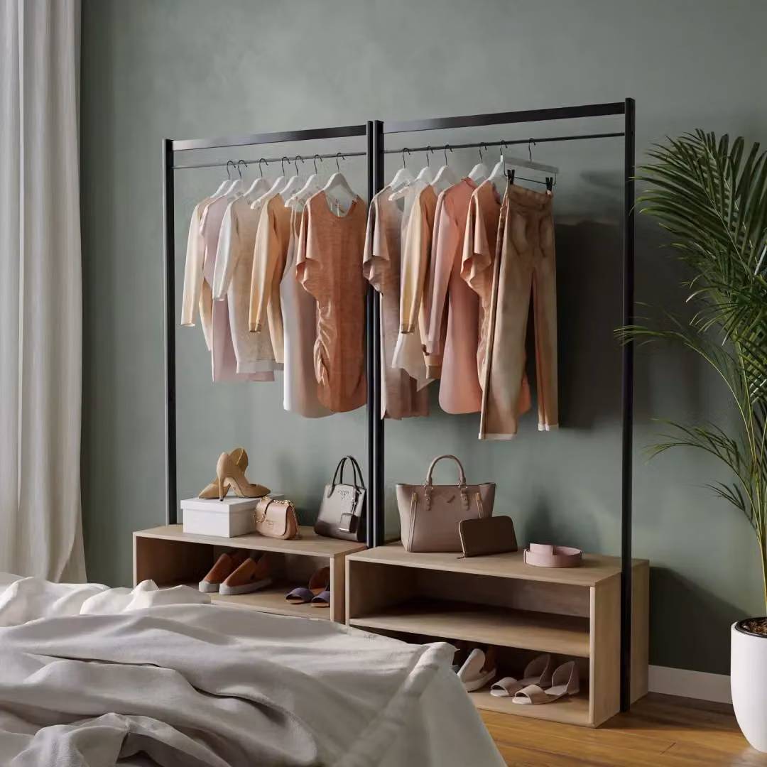 EONLION Wooden Coat Rack with Shelf and Metal Hanging Rail in Light Oak, H 170 x W 82.4 x D 40 cm – 3