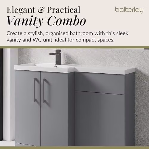Balterley Grey L-Shaped Vanity Unit with WC Unit and Brushed Pewter D Shape Handles, Floor Standing Left Hand Bathroom Storage Set – 3