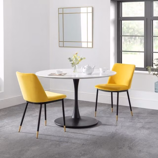Julian Bowen Holland Round Marble Dining Table and 3 Delaunay Chairs Set in Yellow