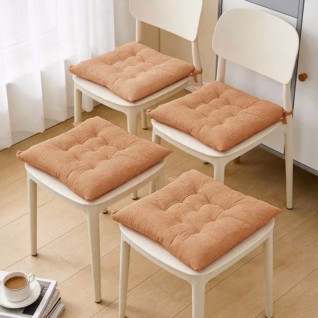 Livingandhome Set of 4 Brown Corduroy Square Chair Cushions with Non-Slip Quilted Design and Ties