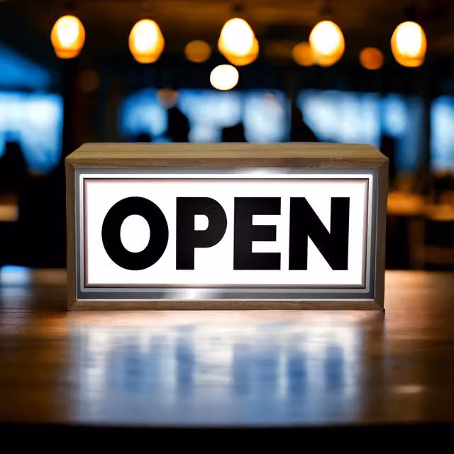 Echo Three LED Open Sign Light Box in Brown Wood for Tabletop Display
