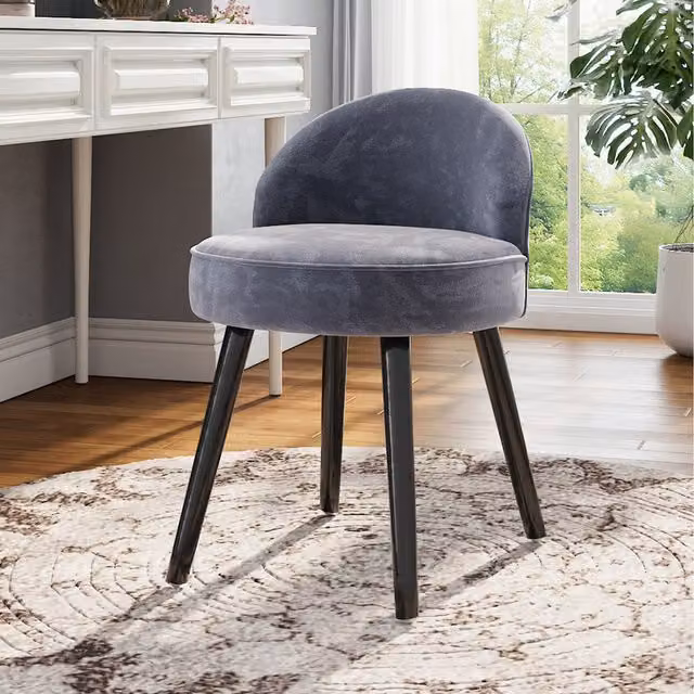 Komore Grey Velvet Dressing Table Stool with Solid Rubberwood Legs