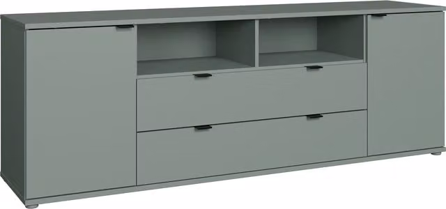 Furniture To Go Ganymede Wide Modern TV Unit with Open Shelving, 2 Drawers and 2 Doors in Sage Green