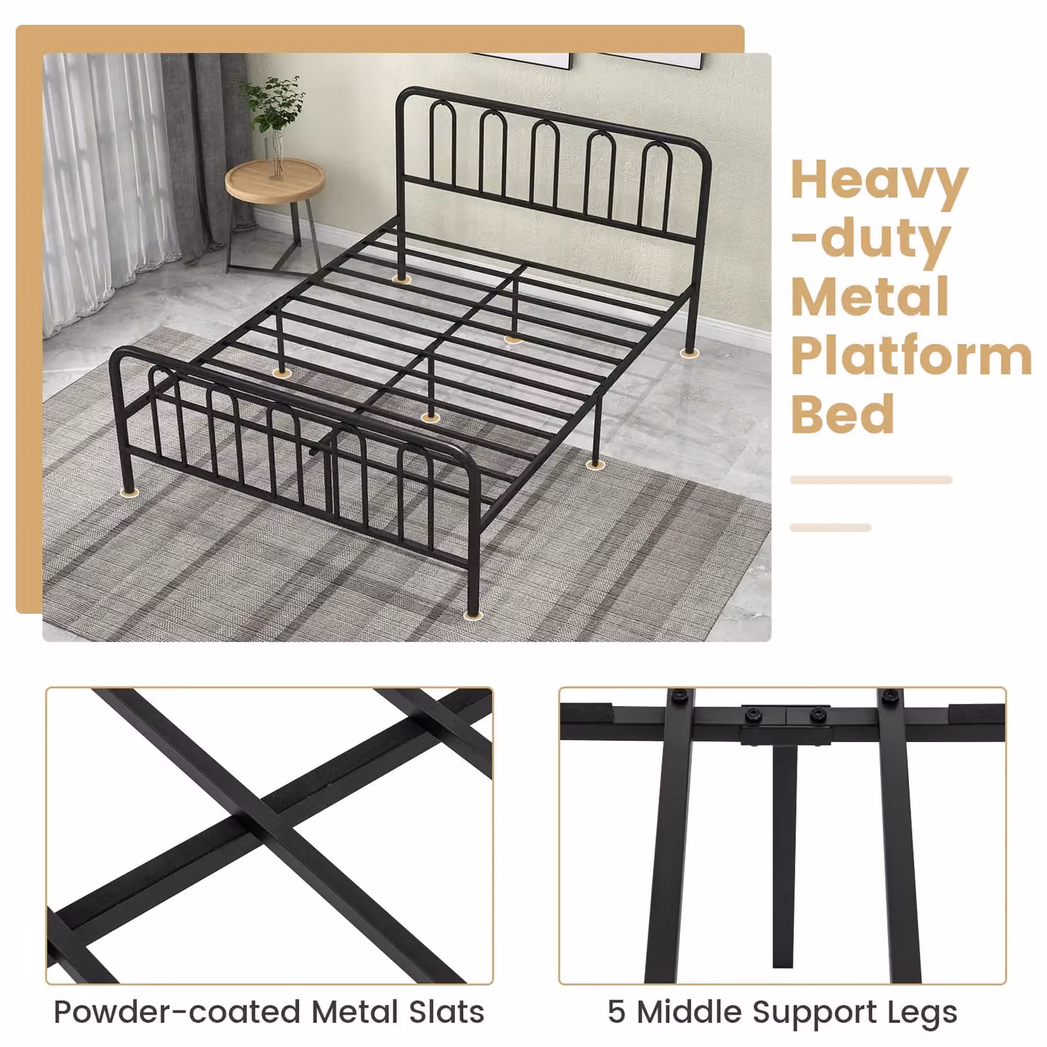 Costway King Size Metal Bed Frame with Headboard and Slatted Platform Support in Black, 180 x 200 cm – 5