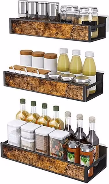 Havendro 3-Piece Rustic Wood and Metal Wall Mounted Spice Rack and Kitchen Storage Shelf in Black and Multicolour
