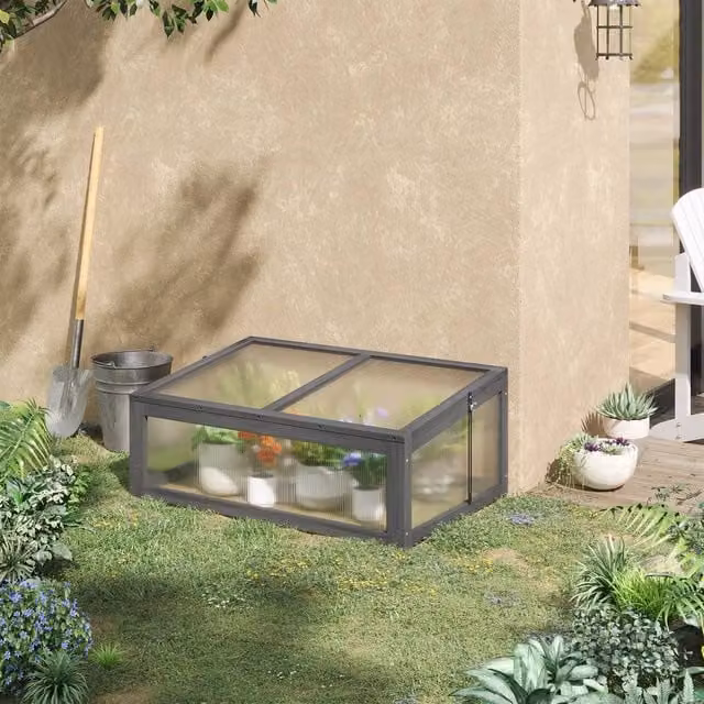 OUTSUNNY Grey Wooden Cold Frame Greenhouse with Transparent Polycarbonate Board, W/D/H: 65 x 40 x 65 cm