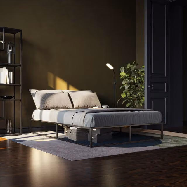 tectake Kyoto Bed Frame in Black with Metal Frame, Wood Slats and Storage Drawers, Height: 25.5 cm