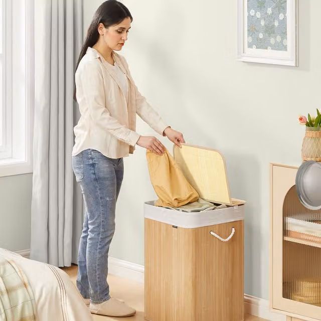 SONGMICS Foldable Laundry Basket with Lid in Yellow and White, Bamboo and Cotton Construction