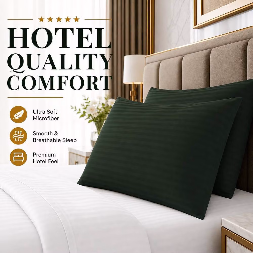 Homes-Linen Set of 2 Microfibre Striped Pillowcases in Green, W/H: 50 x 70 cm – 2