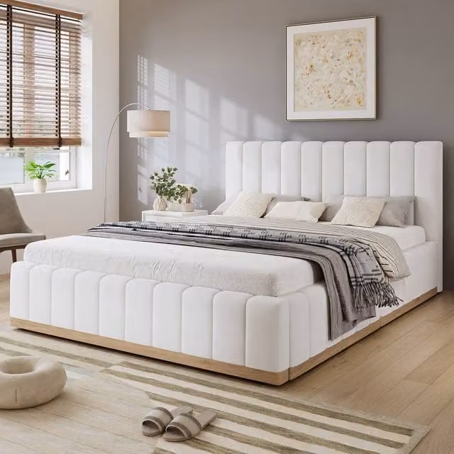 Matteo Upholstered Double Bed Frame with Soft PU Headboard, Beige, W/D/H: 140 x 200 cm