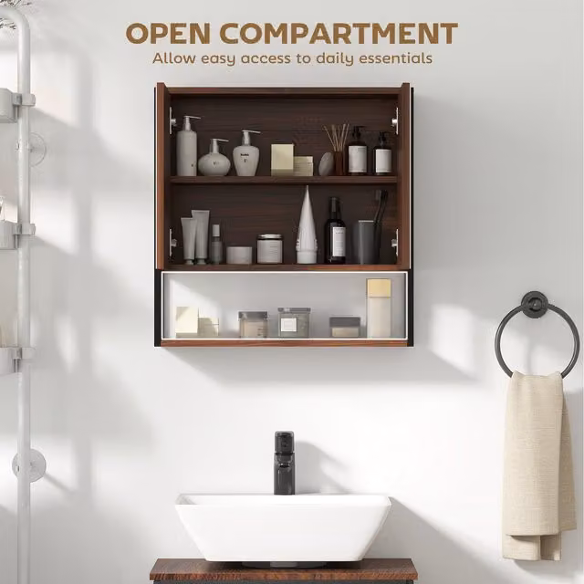HOMCOM Brown Wood Bathroom Mirror Cabinet with Soft-Close Hinged Doors and Internal Shelves