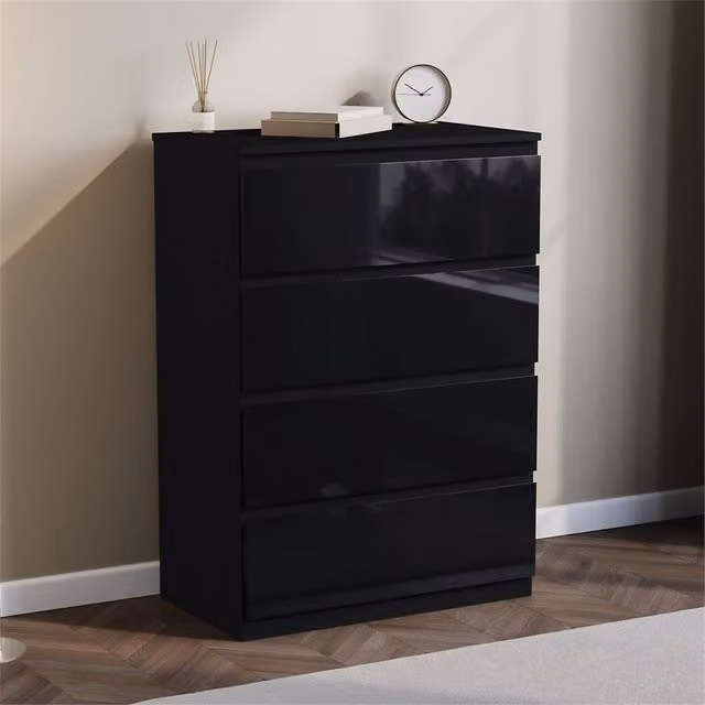 FORGEVIO Modern 4 Drawer Glossy Black Chest of Drawers
