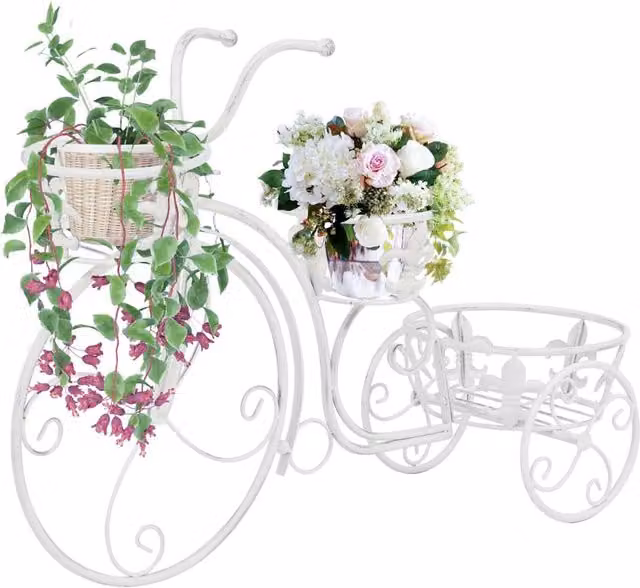 Berkfield Home Vintage Style Metal Bicycle Plant Stand in White, H 77 cm x W 50 cm x D 3 cm