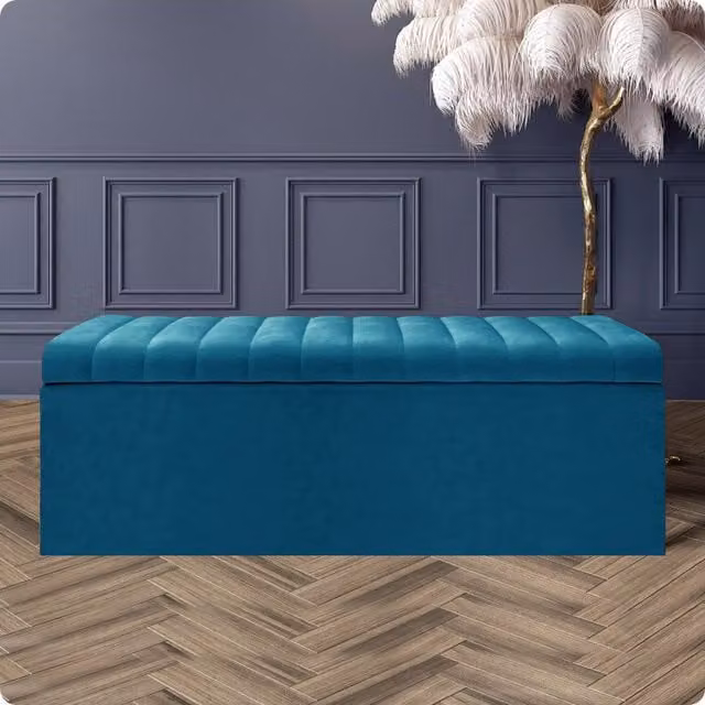 R&M Furnishers Safar Ottoman Storage Box, 180cm Striped Plush Velvet Upholstered End of Bed Bench in Black and Emerald Green