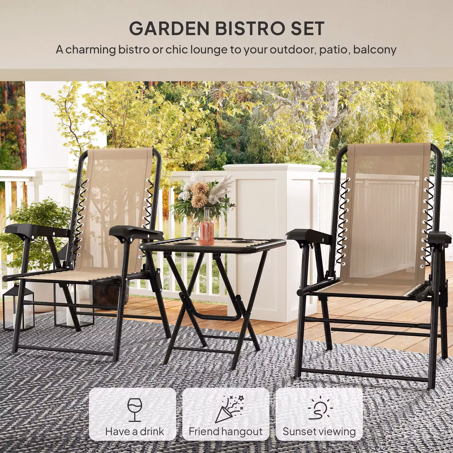 OUTSUNNY 3 Piece Folding Metal Garden Bistro Set with Cup Holders in Beige – 4