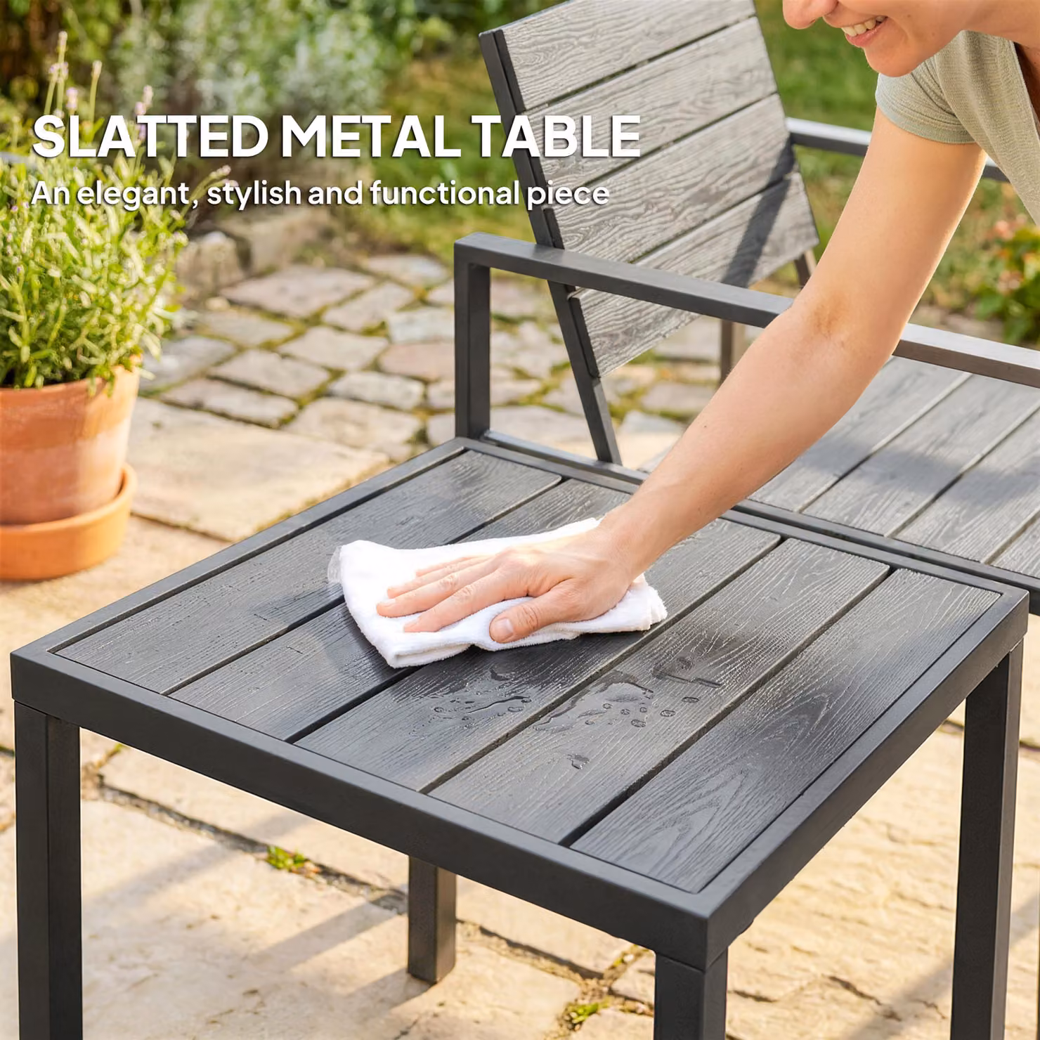 Outsunny 3 Piece Garden Bistro Set for 2 Adults with Square Table and Chairs in Modern Matt Plastic and Powder Coated Steel – 4