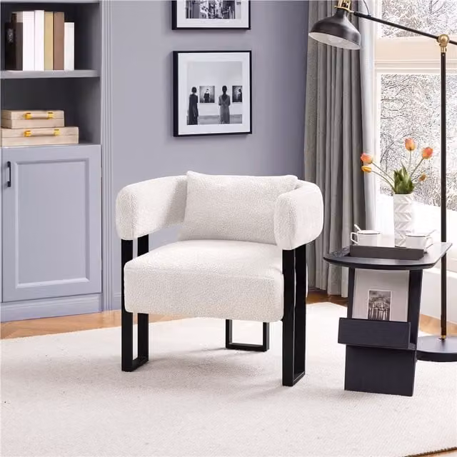 Yaheetech Oversized White Bouclé Tub Armchair with Armrests and Metal Legs