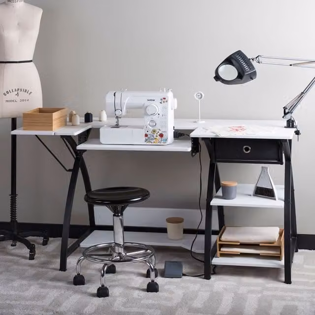 Sewing Online Multipurpose Sewing Craft Table with Folding Drop Leaf Top in Black and White