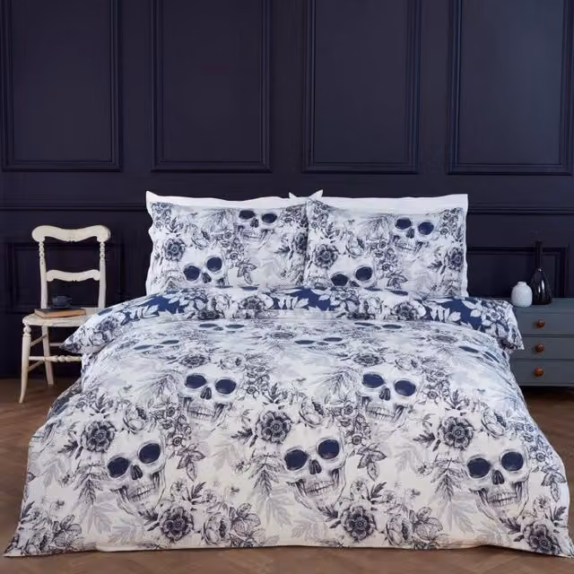 Rapport Home Gothic Skulls Duvet Cover Set in White and Blue, 90 x 200 cm