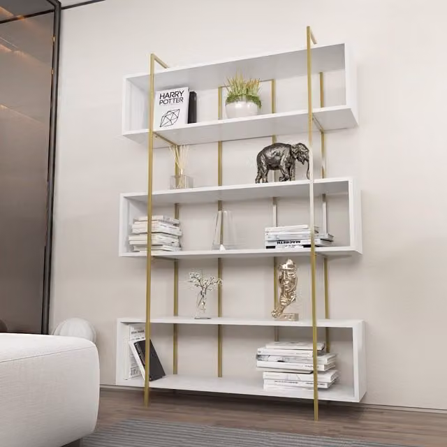 Bruti 6-Tier Industrial Geometric Bookshelf in White and Gold