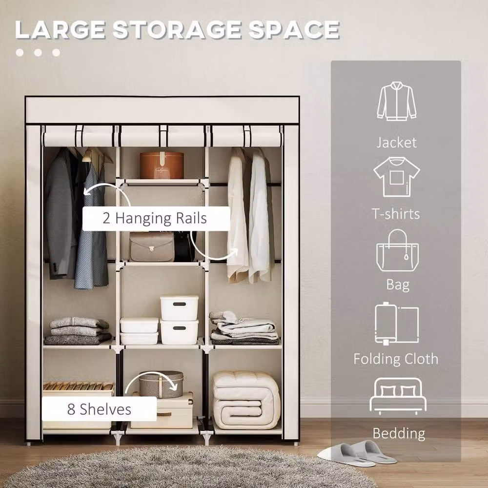 Kelvenix Portable Fabric Wardrobe in Beige with Internal Shelves and Hanging Rod, H 162.5 x W 125.0 cm – 2